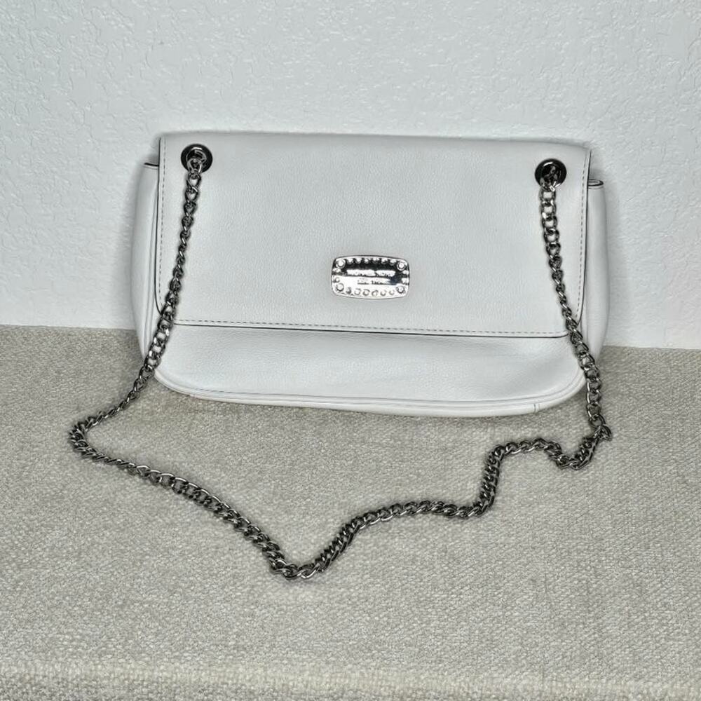 Michael Kors White Pebbled Leather Rhinestone Logo Plate Flap Shoulder Bag NWOT